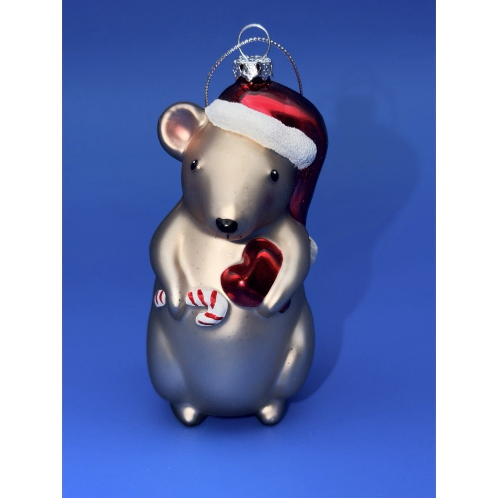 Glass Mouse Christmas Ornament Santa Hat Heart Candy Cane 4" Hand Blown